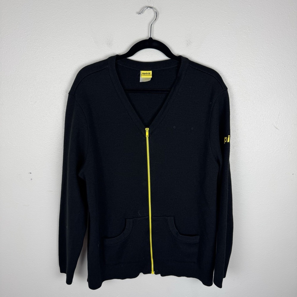 Spirit Airlines Men's Medium Sweater Black Yellow Full Zip V Neck Long Sleeve